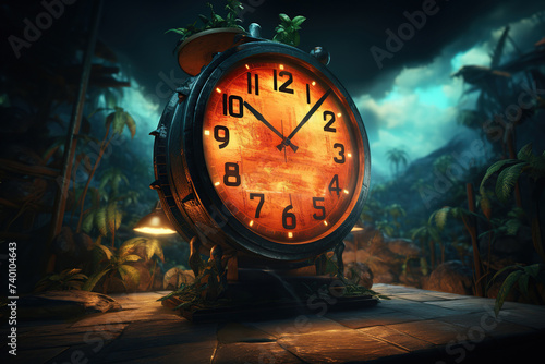 An illuminated clock stands prominently against a dark  jungle backdrop  symbolizing urgency.