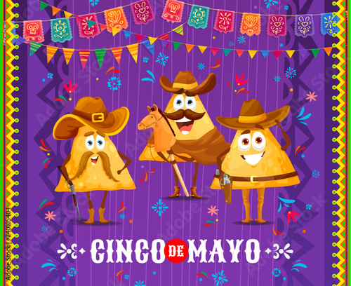Cinco de mayo banner, cartoon Mexican nachos chips cowboy characters. Vector greeting card with tex mex food western cowpuncher personages wear sombrero hat and stockriders attire celebrate party