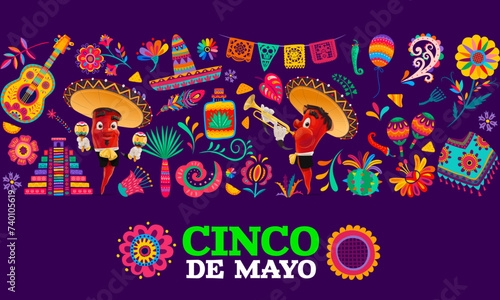 Cinco de mayo mexican holiday poster. Colorful background with cartoon vector chili peppers wear mariachi sombrero hats, playing maracas and trumpet. Greeting card for traditional event of Mexico