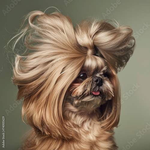 dog with luxurious hair advertising groomer salon or dog shampoo