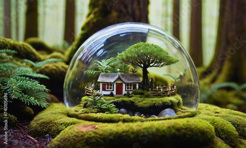 nature forest and house on the globe photo