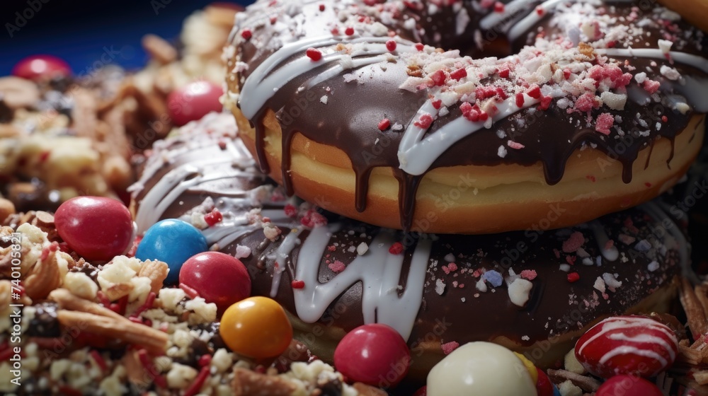 Delicious pile of chocolate covered donuts with colorful sprinkles. Perfect for bakery or dessert concepts