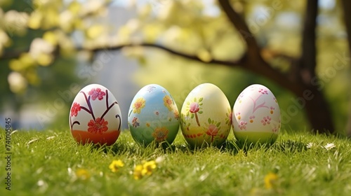 Colorful Easter eggs in a field, suitable for spring holidays
