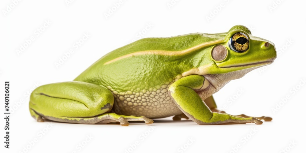 Fototapeta premium A green frog sitting on a white surface. Perfect for nature or animal themed designs