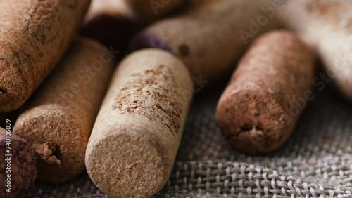 macro corks from wine bottles rotation. Assorted corks from wine of different shades and ages. Still life with corks of different types of wine photo