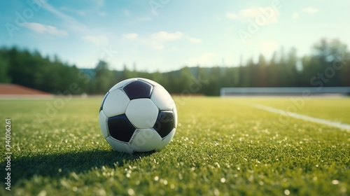 A soccer ball placed on a vibrant green grass field. Suitable for sports and recreational concepts © Fotograf