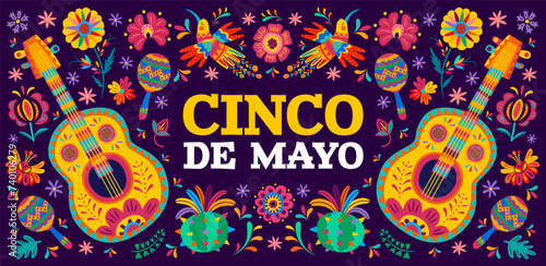 Cinco de Mayo Mexican holiday banner with tropical flowers, hummingbirds, guitars, maracas and cactuses, vector background. Cinco de Mayo fiesta Mexican ethnic ornament pattern of tropical plants