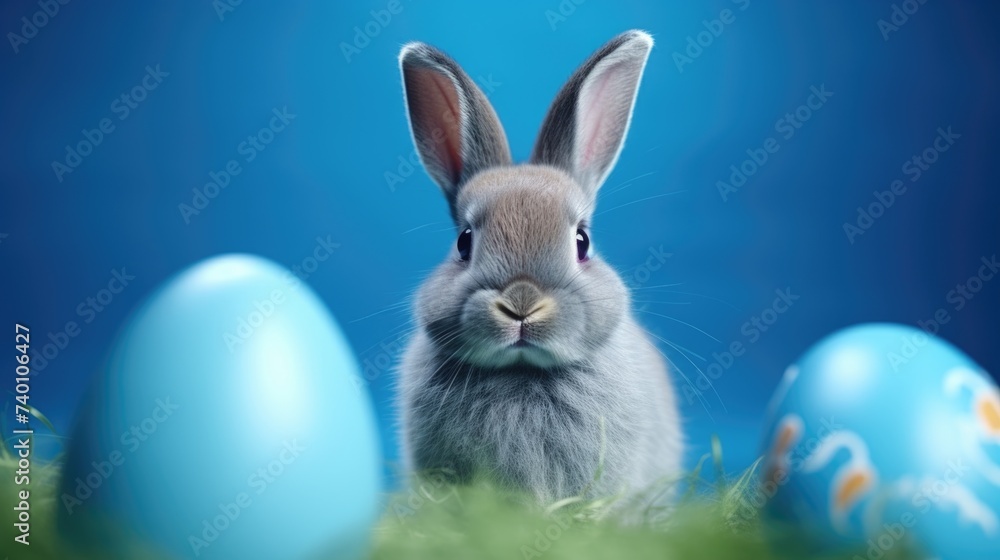 A rabbit sitting in the grass next to blue eggs. Perfect for Easter and springtime designs A rabbit sitting in the grass next to blue eggs. Perfect for Easter and springtime designs