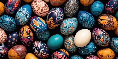 Colorful painted eggs in a close-up view. Ideal for Easter designs