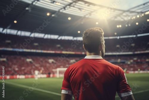 A man in a red shirt standing on a soccer field. Suitable for sports themes © Fotograf
