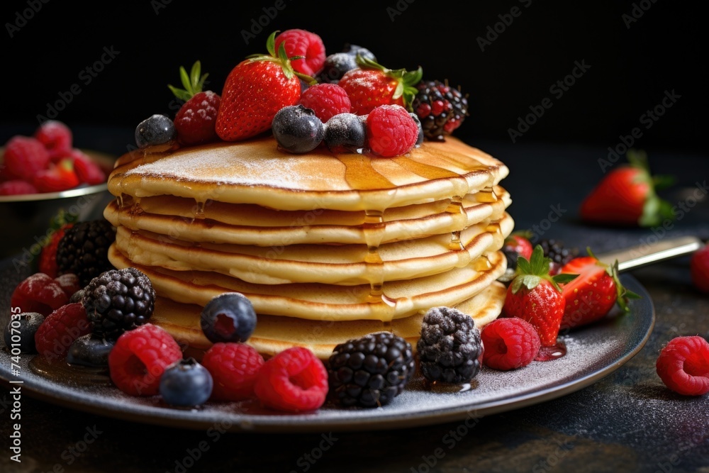 Delicious stack of pancakes topped with fresh berries and sweet syrup. Perfect for food and breakfast concepts Delicious stack of pancakes topped with fresh berries and sweet syrup. Perfect for food and breakfast concepts