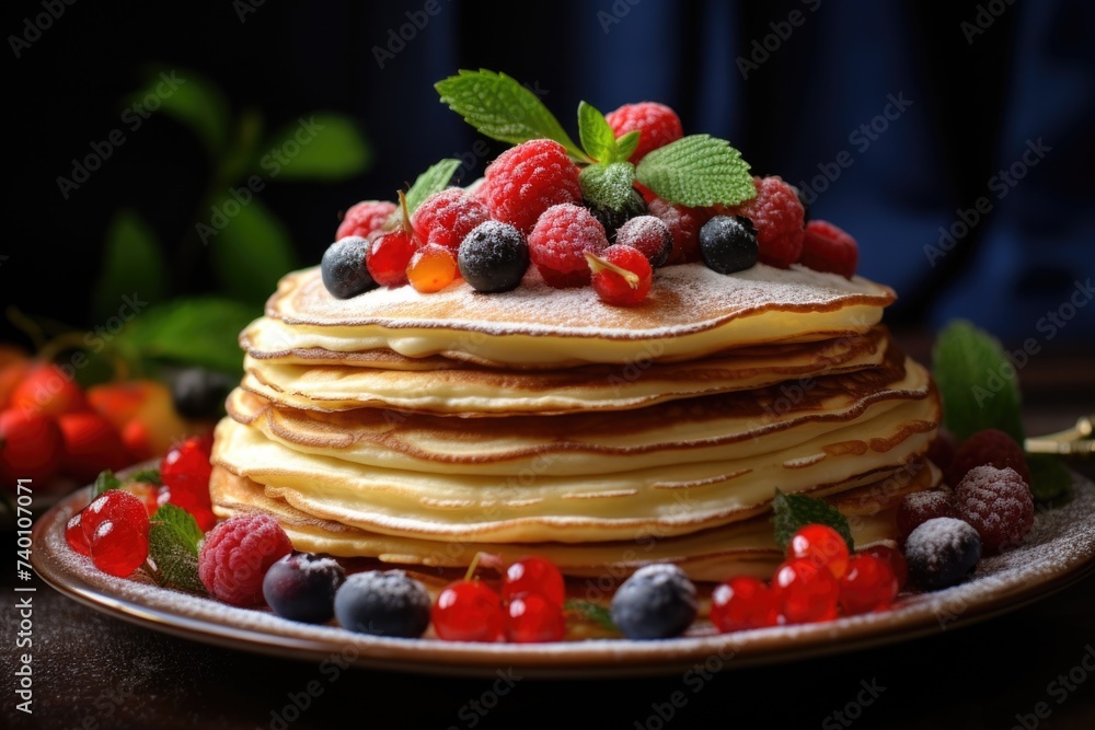 A stack of pancakes topped with fresh berries and mint leaves. Perfect for breakfast or dessert A stack of pancakes topped with fresh berries and mint leaves. Perfect for breakfast or dessert