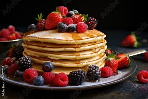 Delicious stack of pancakes topped with fresh berries and sweet syrup. Perfect for food and breakfast concepts