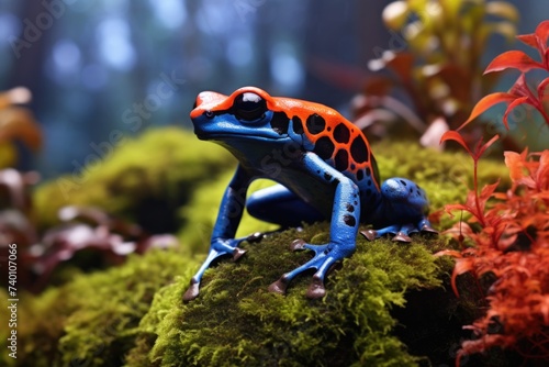 Colorful frog sitting on moss-covered rock. Suitable for nature and wildlife themes © Fotograf