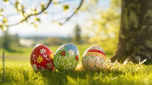 Three decorated Easter eggs in the grass, perfect for Easter holiday designs