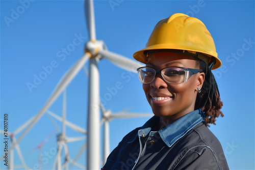 Black woman standing amidst wind Turbines on a wind turbine farm