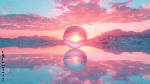 3D abstract silk cloth floating in pastel sunset landscape and spherical glass. Futuristic cyberpunk hyper realism details reflective holographic landscape background.