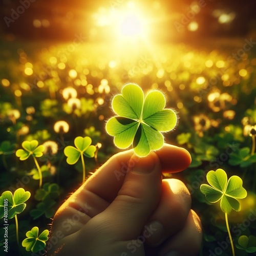 hand holding shamrock, Lucky Irish Four Leaf Clover in the Field for St. Patricks Day for social media ads created with generative ai