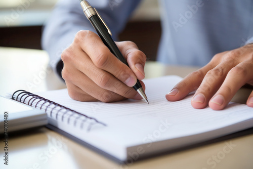 Close-up of a person's hand holding a pen and writing on a white paper.