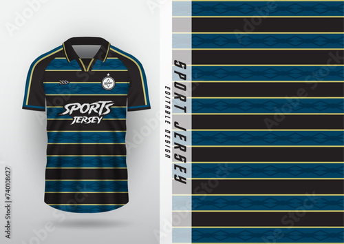 Jersey design for outdoor sports, jersey, football, futsal, running, racing, exercise, classic horizontal stripes pattern, blue and black.