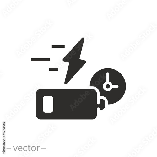accumulator charge time icon, fast battery charging, flat symbol on white background - vector illustration