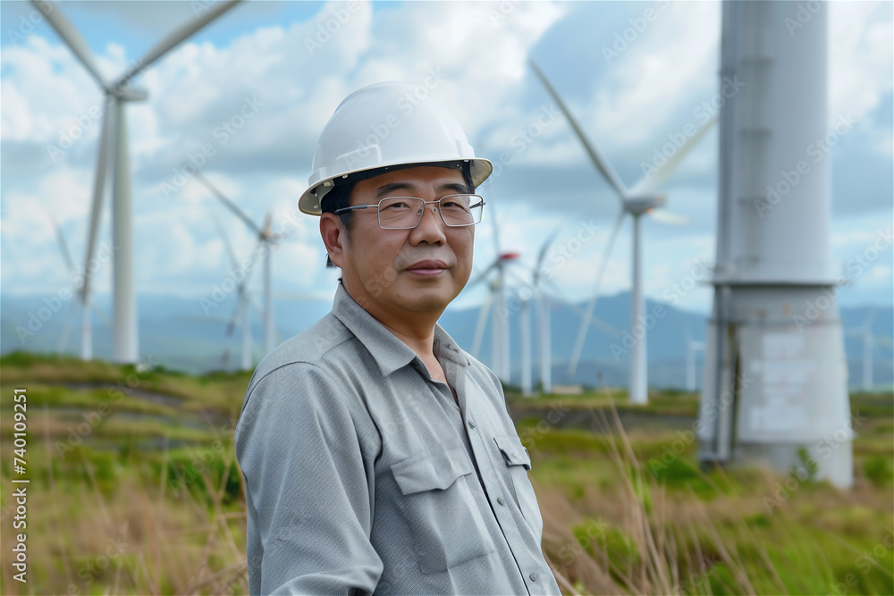 Asian man standing amidst wind Turbines on a wind turbine farm Asian man standing amidst wind Turbines on a wind turbine farm