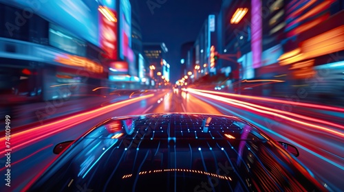The dynamic image captures a car speeding through a brightly lit city at night, with streaks of light reflecting off its sleek surface.
