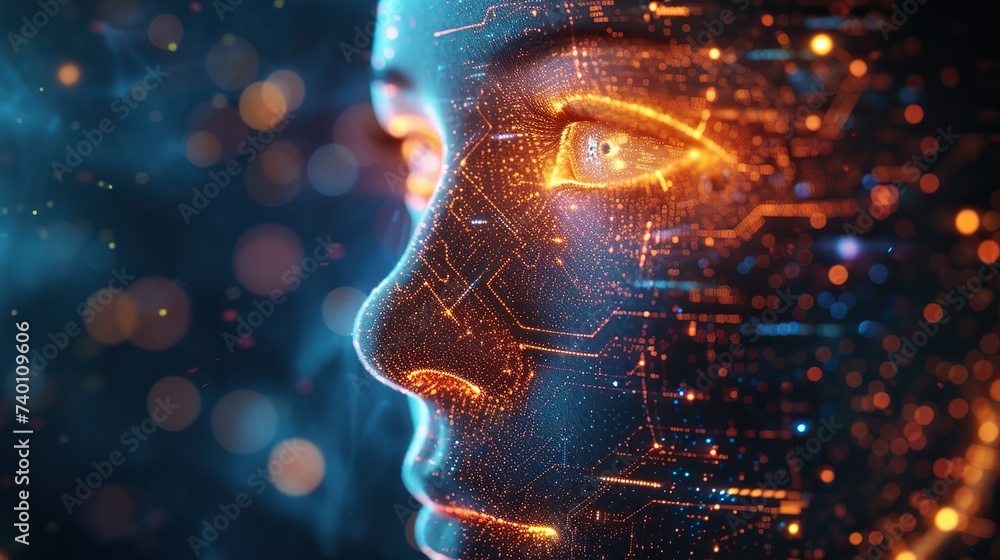 A digital representation of a human face overlaid with glowing circuit ...