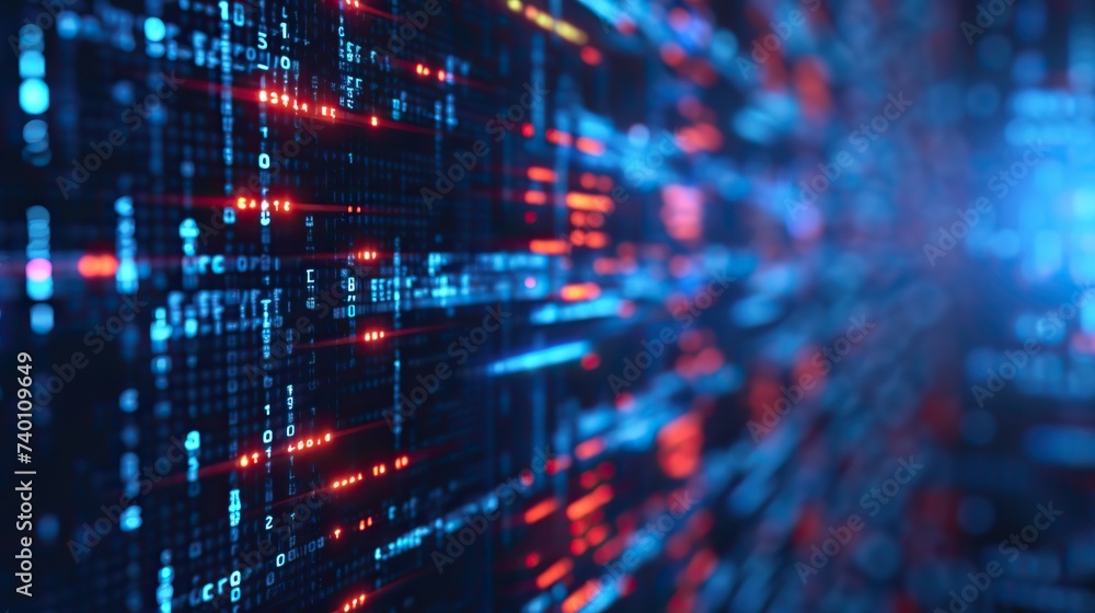 A digital interface showcases a stream of binary code with glowing blue and red lights, representing the constant flow of data in a computing environment. A digital interface showcases a stream of binary code with glowing blue and red lights, representing the constant flow of data in a computing environment.