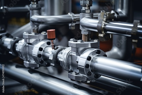 Macro shot of a pipe union in the midst of an intricate industrial machinery setup