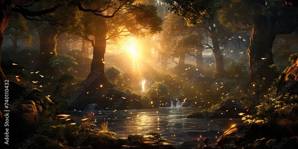 Sun Shining Through Trees in Magical Fantasy Forest Generative AI