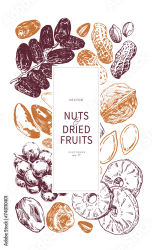 Nuts and dried fruits hand drawn illustrations. Background design template