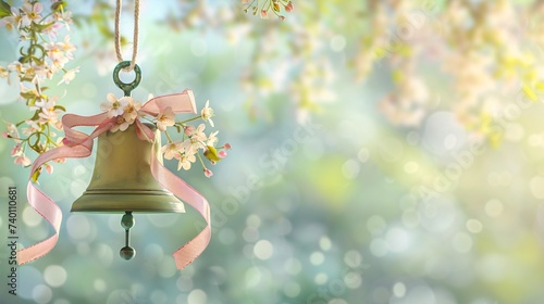 Cloche avec ruban rose dans un jardin au printemps » IA générative photo