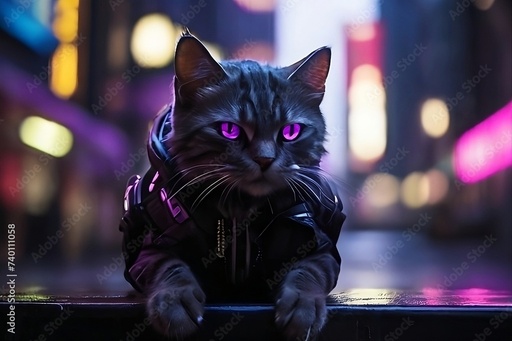 Ai Generates a realistic illustration In a bustling cyberpunk cityscape, a sleek and agile ninja cat prowls the neon-lit alleys, blending seamlessly with the shadows.