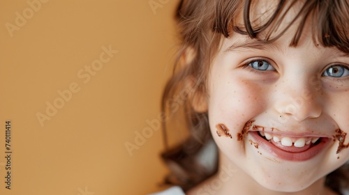 Jeune fille souriante avec du chocolat sur la bouche » IA générative photo