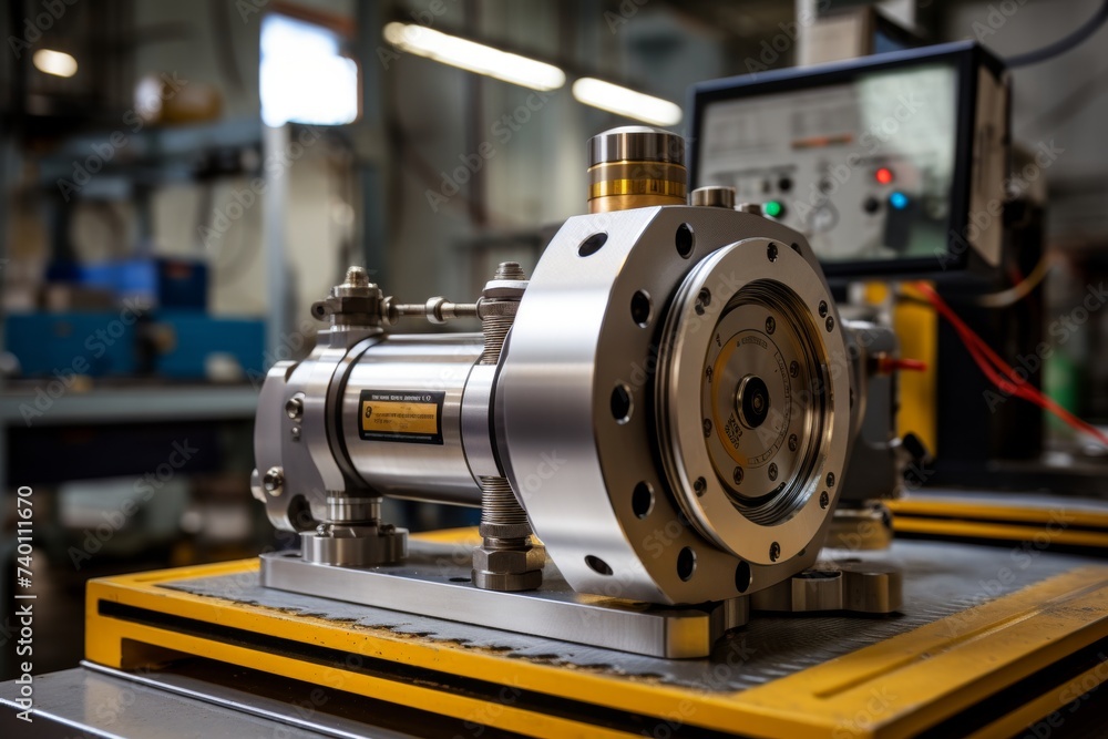 Detailed view of a metallic load cell amidst intricate industrial machinery and equipment Detailed view of a metallic load cell amidst intricate industrial machinery and equipment