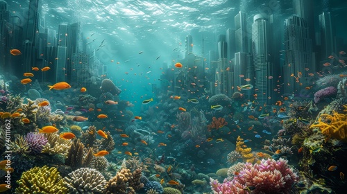 Imaginative depiction of an underwater cityscape teeming with vibrant coral reefs and a diversity of marine life in a surreal ocean setting.