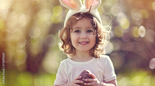 Jeune fille en lapin dans un jardin avec un oeuf de Pâques en chocolat » IA générative
