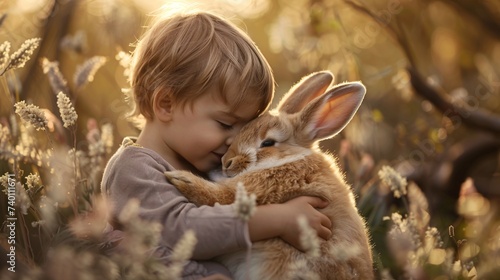 Enfant faisant un gros calin à un gros lapin dans un jardin » IA générative photo