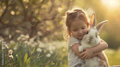 Jeune fille faisant un calin à un lapin dans un jardin » IA générative photo