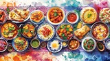 A feast for the eyes, this image features an assortment of traditional dishes, each bursting with color and flavor, presented on a vividly patterned tablecloth.