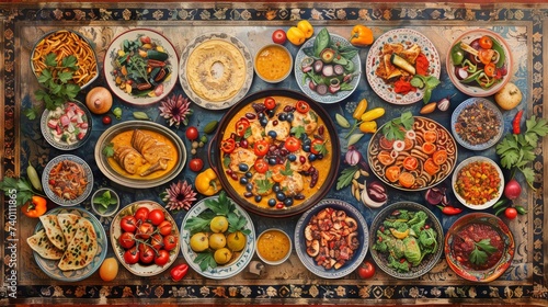 An overhead shot of a feast showcasing a variety of gourmet Middle Eastern dishes  rich in color and beautifully presented on ornate tableware.