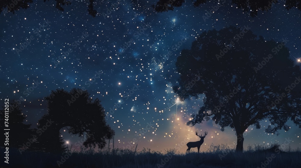 Fototapeta premium A lone stag stands in a meadow, its silhouette gracefully outlined against the expansive star-studded night sky, evoking a sense of calm and wonder.