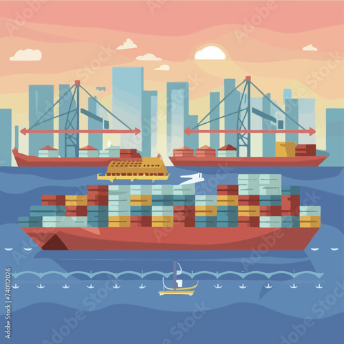 2d vector illustration colorful Land and sea transport techniques, methods and technological tools for transporting and shipping goods and products and logistic 


