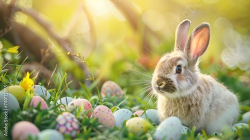 Jeune lapin dans l'herbe d'un jardin avec des oeufs de Pâques » IA générative photo