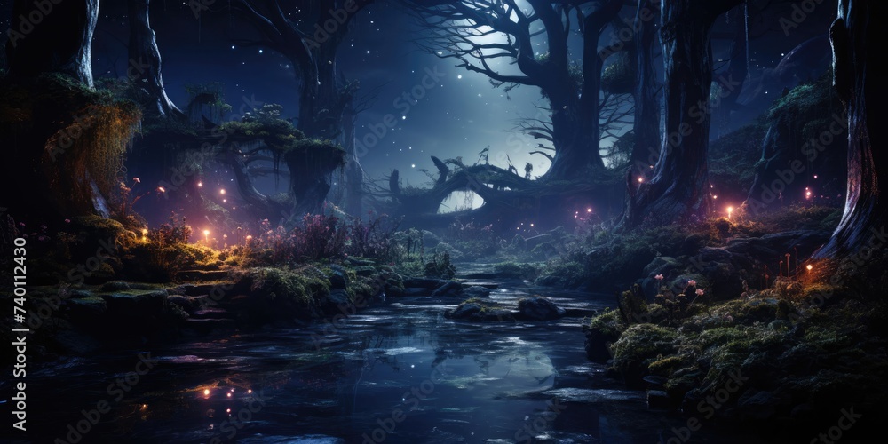 Naklejka premium Stream Flowing Through Night Forest Generative AI