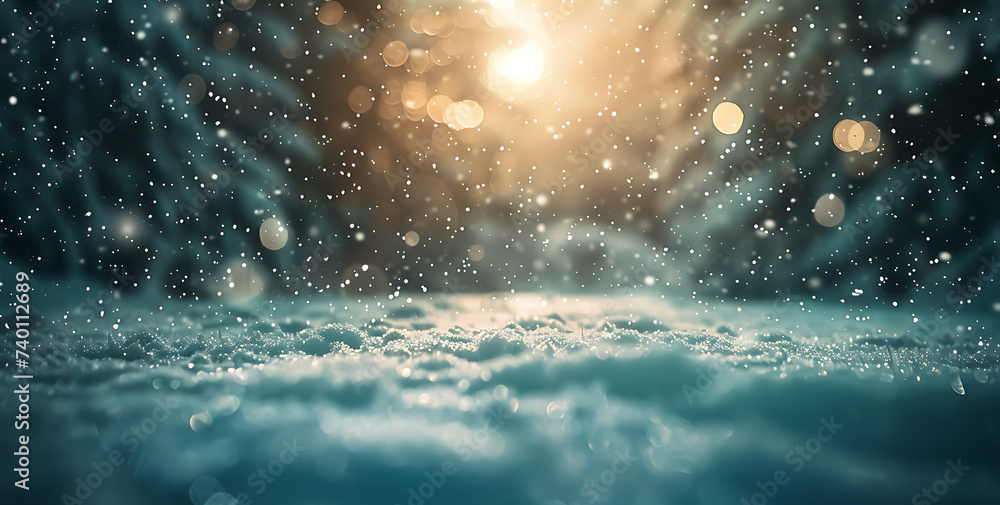 a snow covered ground with a light and stars in the s - obrazy, fototapety, plakaty 