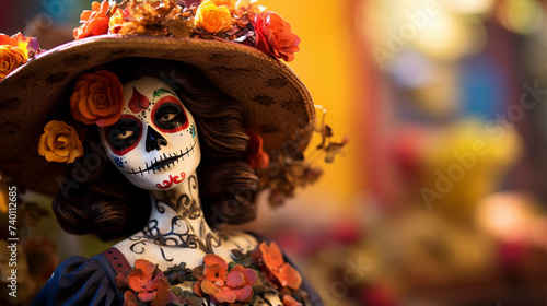 Death Becomes Her: Catrina Doll's Elegant Dress Flows in a Vibrant Blur, Holding an Incense Burner, Generative AI