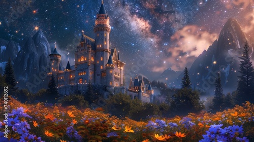 An impressive stone castle set against mountains and a cosmic starry night sky, surrounded by a wildflower forest.