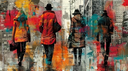 Abstract painting of faceless figures walking with vibrant splashes of color, depicting urban life's dynamic nature.